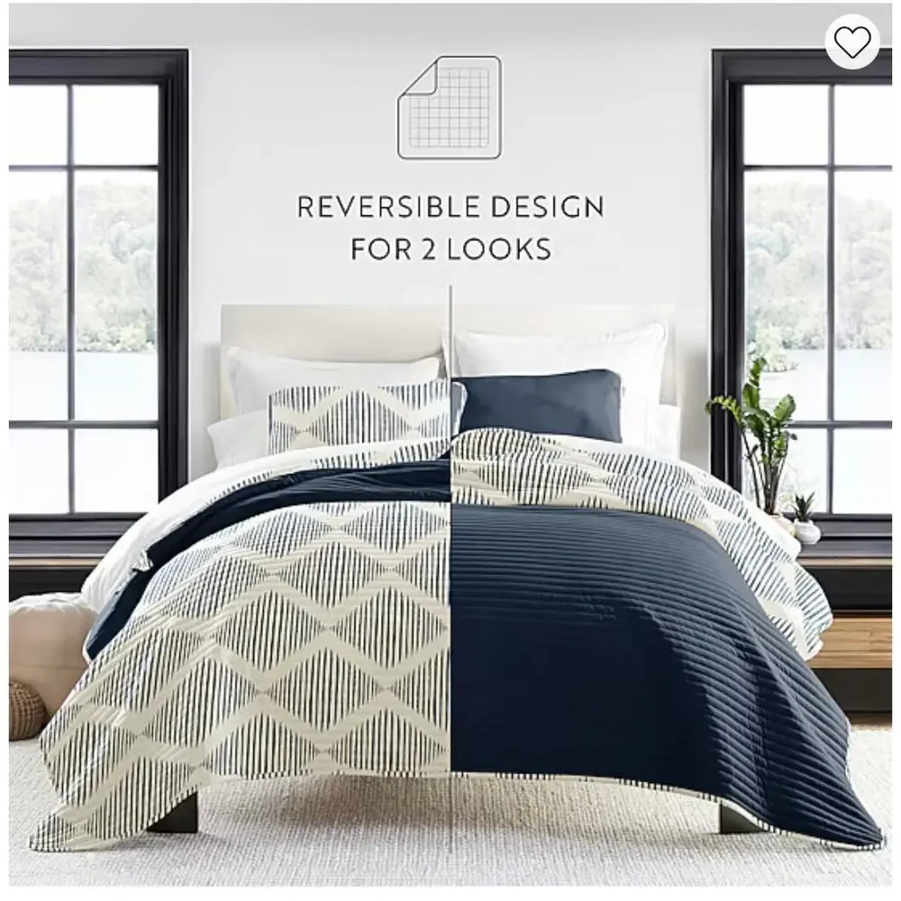 NEW! Casual Comfort iEnjoy Distressed Diamond Patterned Reversible Quilt 3PC Set